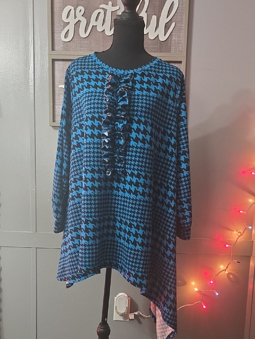 Blue and Black Houndstooth Ruffle Front Tunic